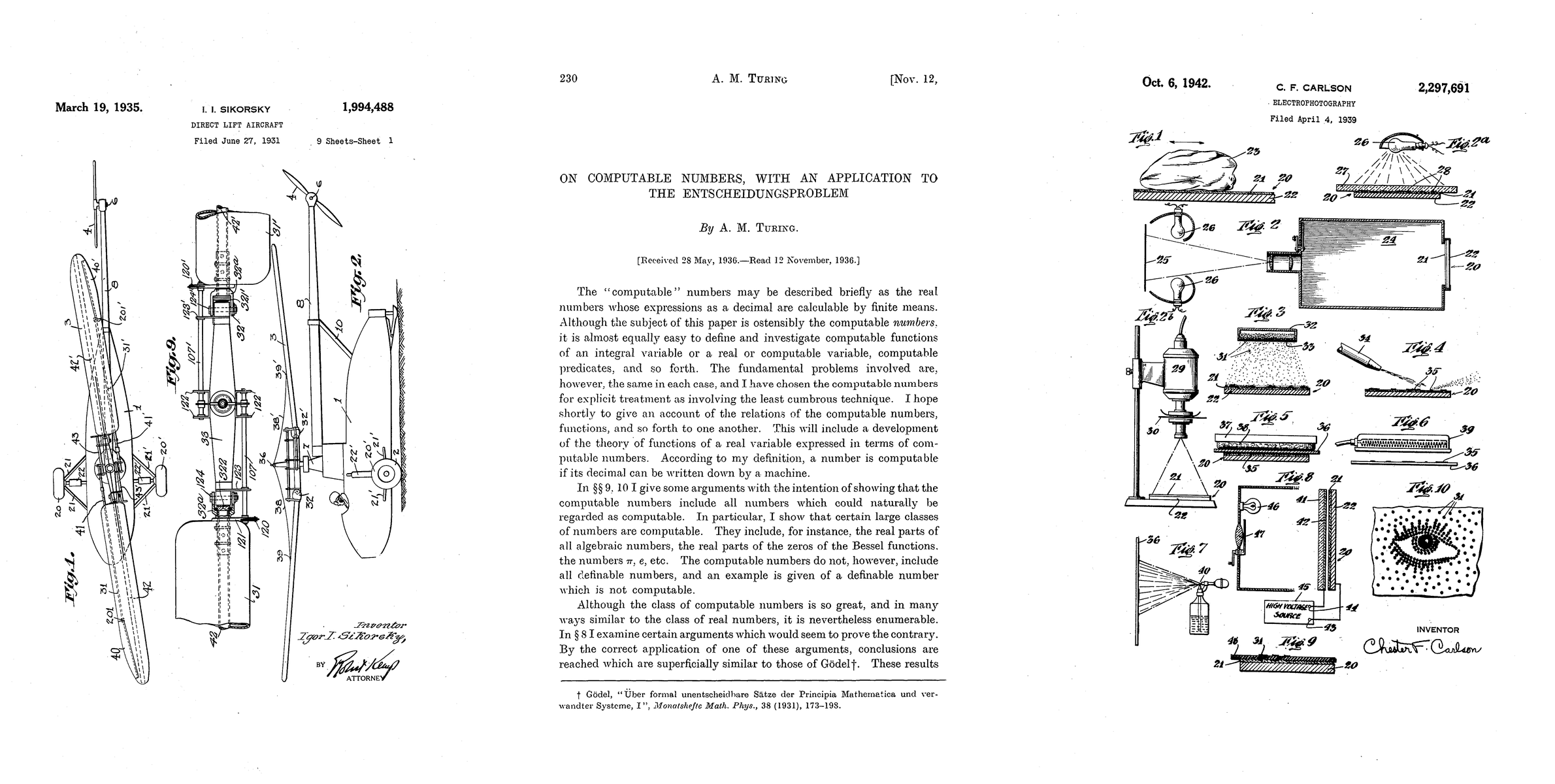 Turing&rsquo;s On Computable Numbers (1936), Carlson&rsquo;s xerography patent (1942), and Sikorsky&rsquo;s helicopter patent (1935)